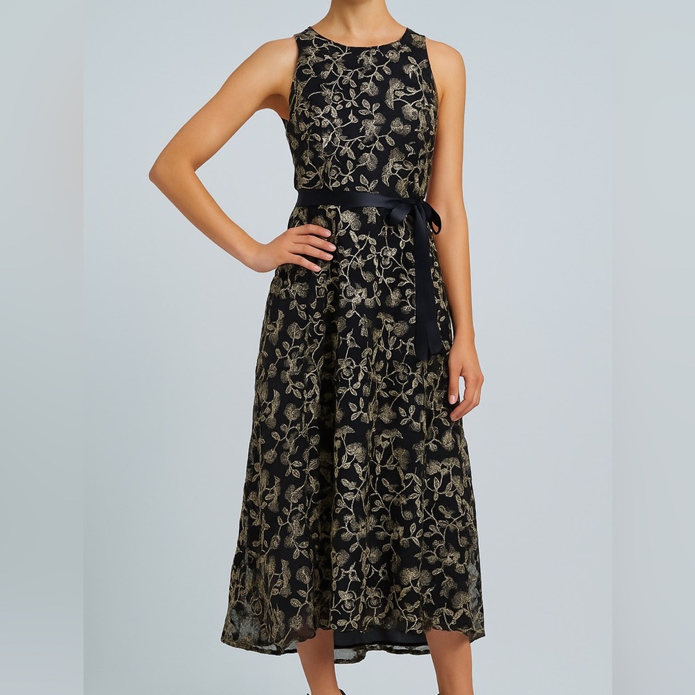 🆕 ✨ ALEX EVENINGS Black Gold Floral Embroidered Midi Dress 6, 10 Elegant Formal
